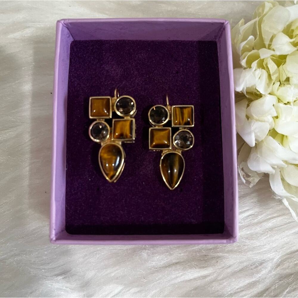 NEW Palm Beach Jewelers Tiger Eye Smoky Topaz Sterling Geo Dangle Earrings NIB